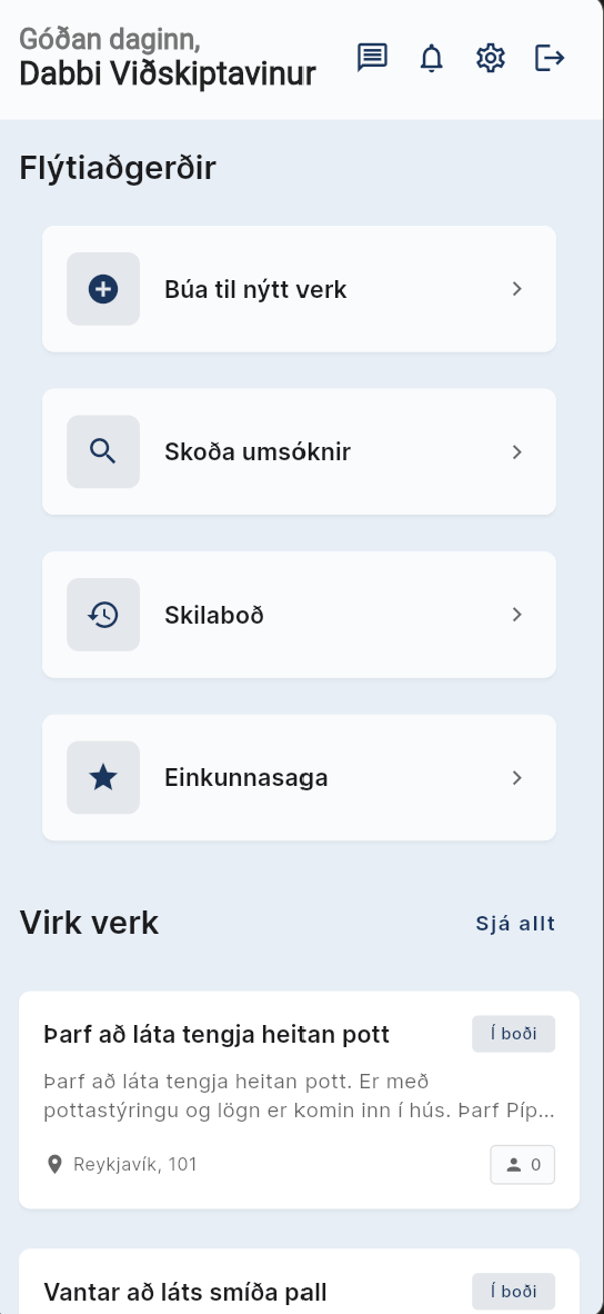 Flýtiaðgerðir og virk verk verkkaupa í Fagmaðurinn appinu