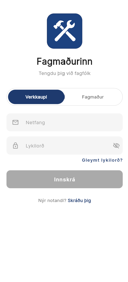 Innskráning fyrir verkkaupa og fagmenn í Fagmaðurinn appinu